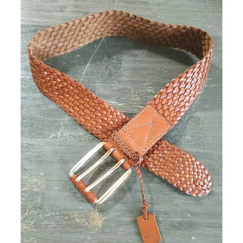 Michael Kors Cognac Brown Woven Leather Double Prong Belt Size Small
